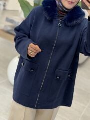 TIĞ TRİKO YAKASI KÜRKLÜ HIRKA LACİVERT