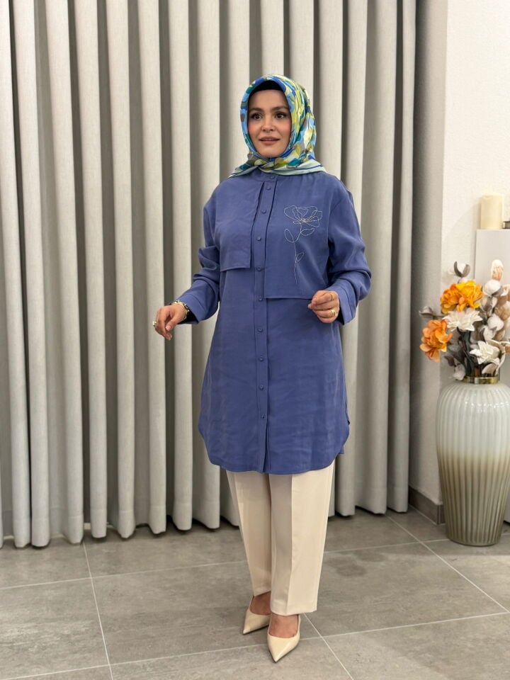ARMİNE TREND TRENÇ MODEL İŞLEMELİ GÖMLEK İNDİGO