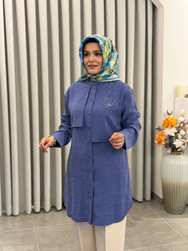 ARMİNE TREND TRENÇ MODEL İŞLEMELİ GÖMLEK İNDİGO