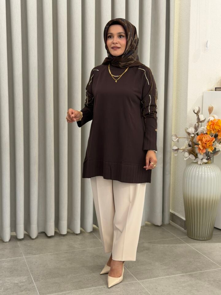 ARMİNE TREND MERSERİZE TAŞ İŞLEMELİ TUNİK KAHVE