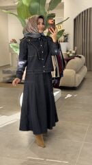 YAQA DENİM TASARIM ETEKLİ TAKIM LACİVERT