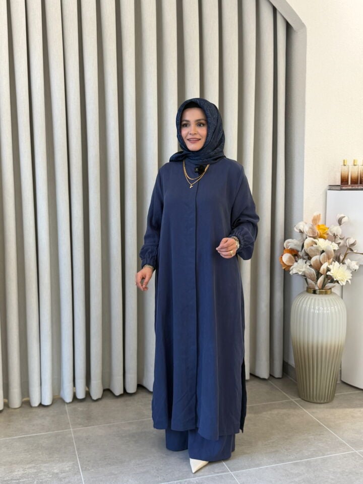 İPEK CUPRA PANTOLONLU TAM BOY TAKIM LACİVERT