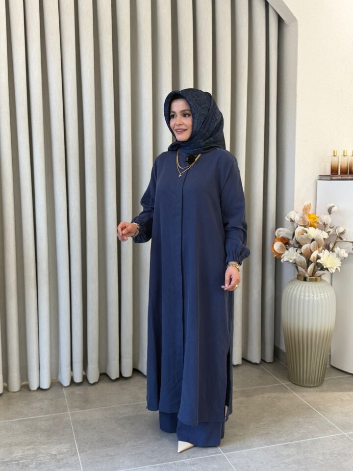 İPEK CUPRA PANTOLONLU TAM BOY TAKIM LACİVERT