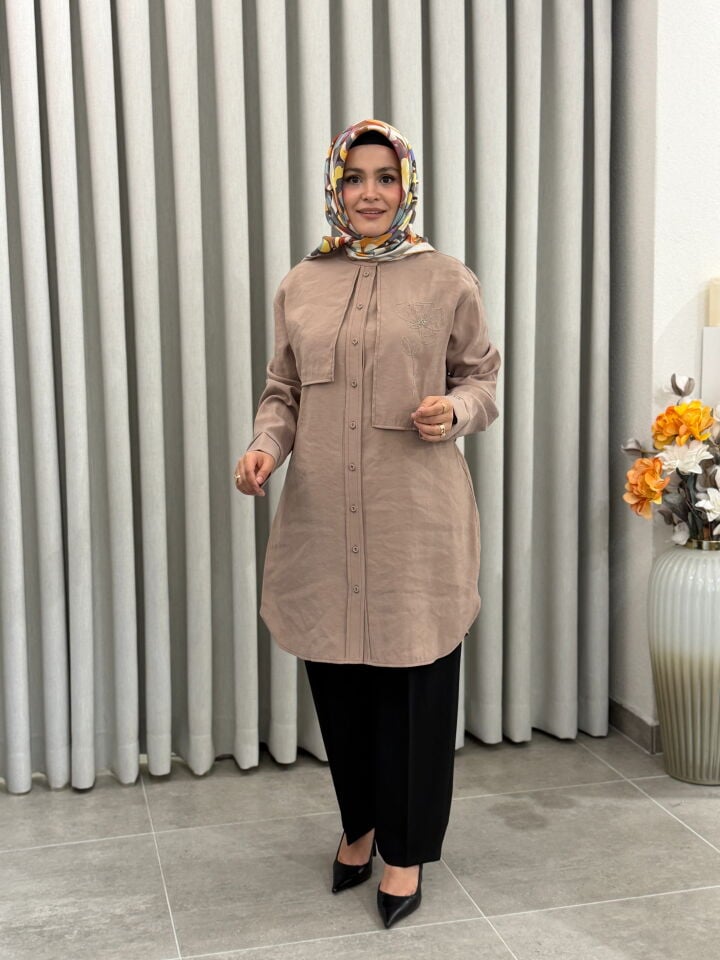 ARMİNE TREND TRENÇ MODEL İŞLEMELİ GÖMLEK VİZON