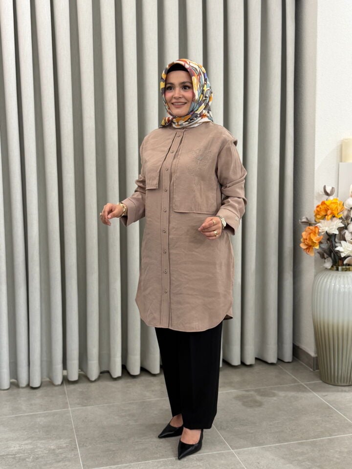 ARMİNE TREND TRENÇ MODEL İŞLEMELİ GÖMLEK VİZON