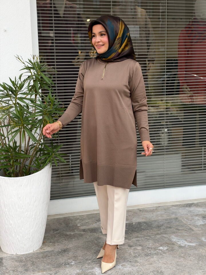 KADO MERSERİZE FERMUAR YAKA TUNİK MOCHA