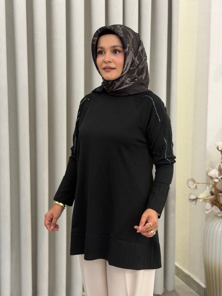ARMİNE TREND MERSERİZE TAŞ İŞLEMELİ TUNİK SİYAH