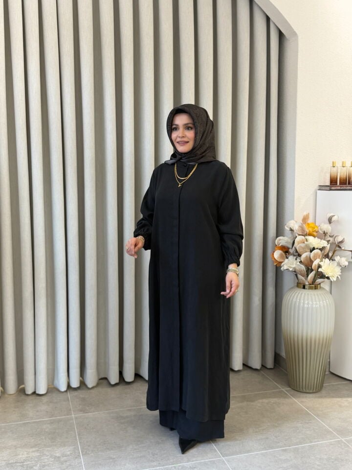 İPEK CUPRA PANTOLONLU TAM BOY TAKIM SİYAH