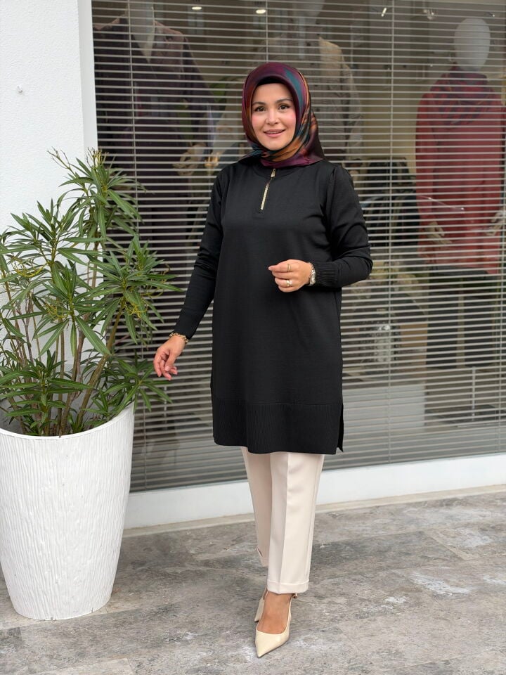 KADO MERSERİZE FERMUAR YAKA TUNİK SİYAH