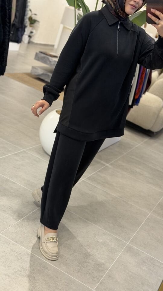 TIĞ TRİKO PARAŞÜT KUMAŞ DETAYLI OYSHO TAKIM SİYAH