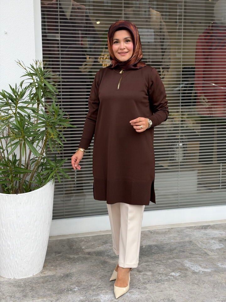 KADO MERSERİZE FERMUAR YAKA TUNİK KAHVE