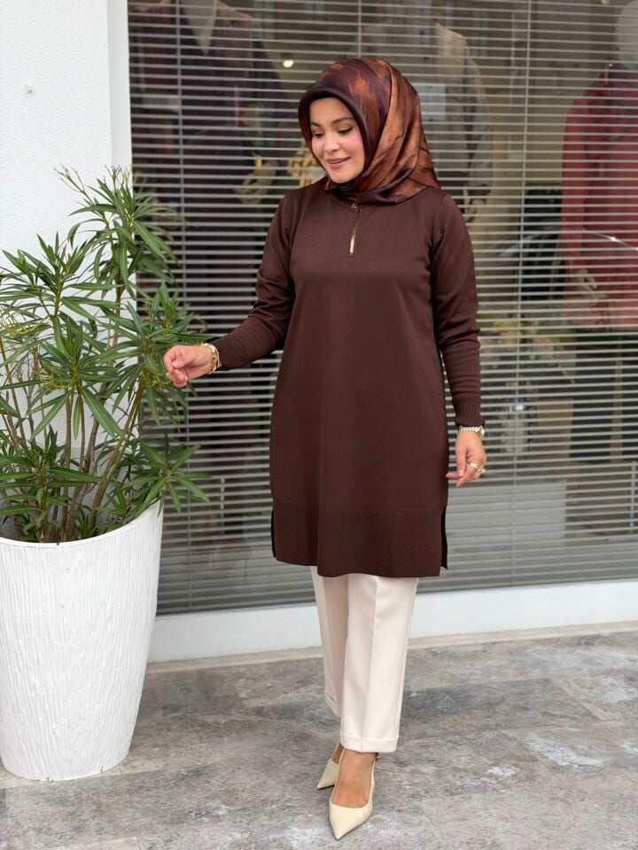 KADO MERSERİZE FERMUAR YAKA TUNİK KAHVE