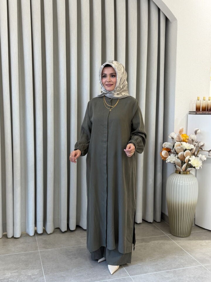 İPEK CUPRA PANTOLONLU TAM BOY TAKIM HAKİ