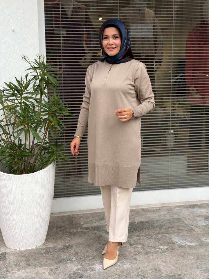 KADO MERSERİZE FERMUAR YAKA TUNİK BEJ
