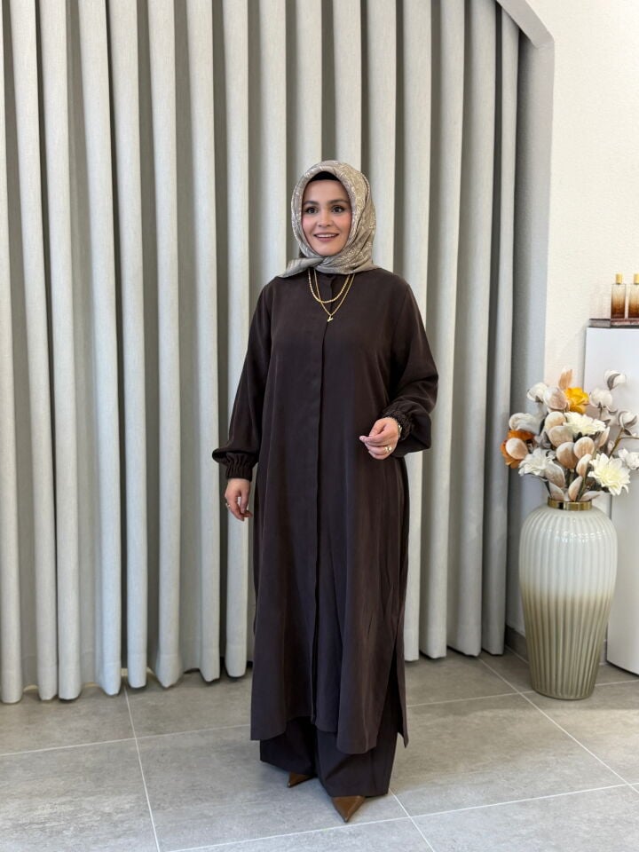 İPEK CUPRA PANTOLONLU TAM BOY TAKIM KAHVE