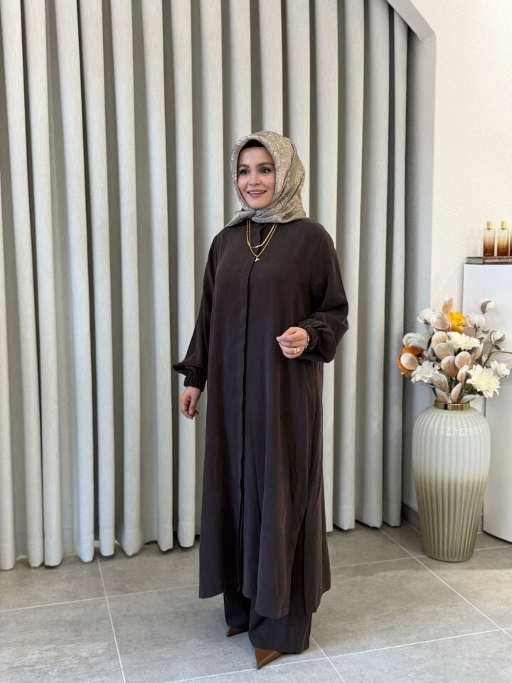 İPEK CUPRA PANTOLONLU TAM BOY TAKIM KAHVE