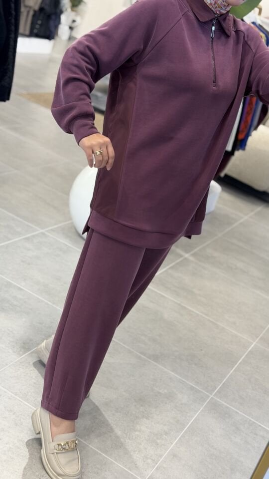 TIĞ TRİKO PARAŞÜT KUMAŞ DETAYLI OYSHO TAKIM BORDO