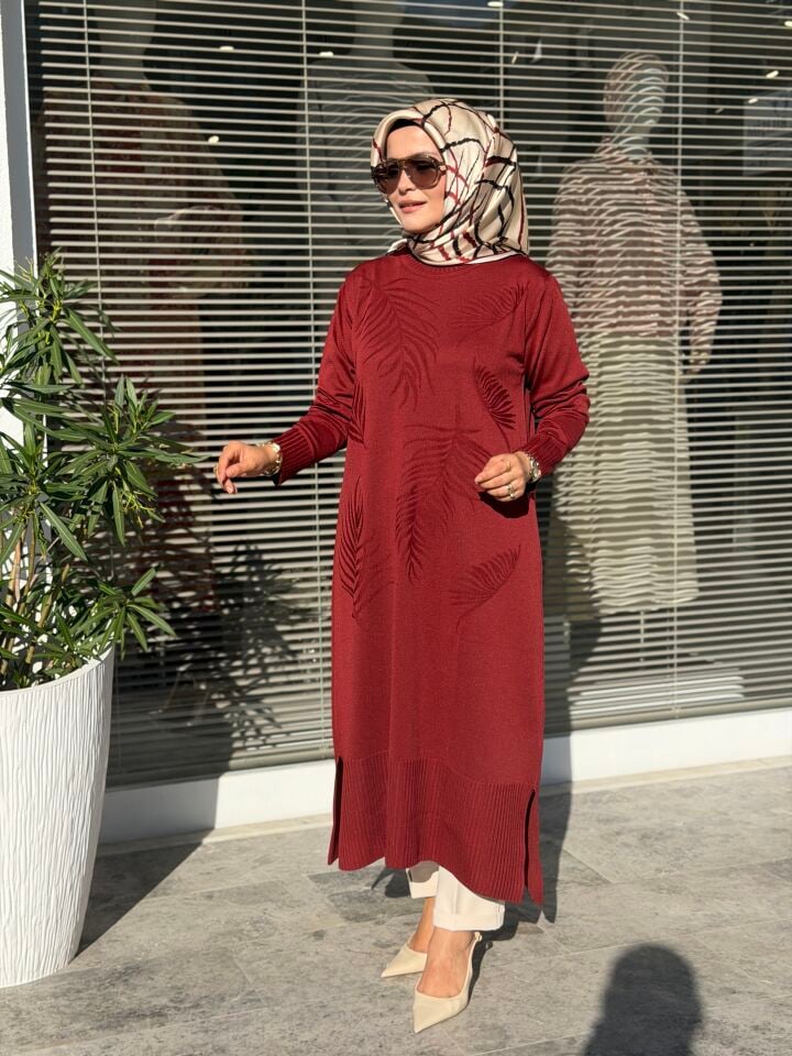 ARMİNE TREND DESENLİ MERSERİZE TAM BOY TUNİK BORDO