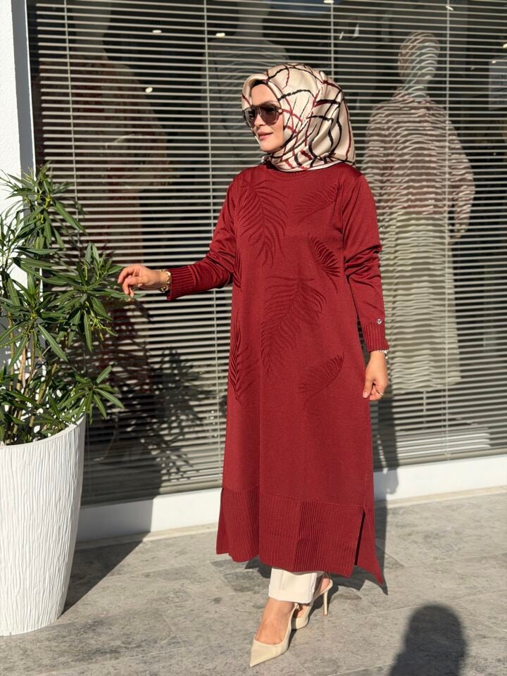 ARMİNE TREND DESENLİ MERSERİZE TAM BOY TUNİK BORDO