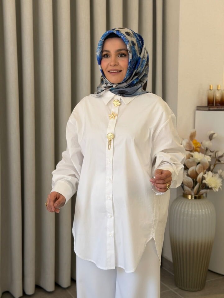 TIĞ TRİKO OVERSİZE AKSESUARLI GÖMLEK EKRU