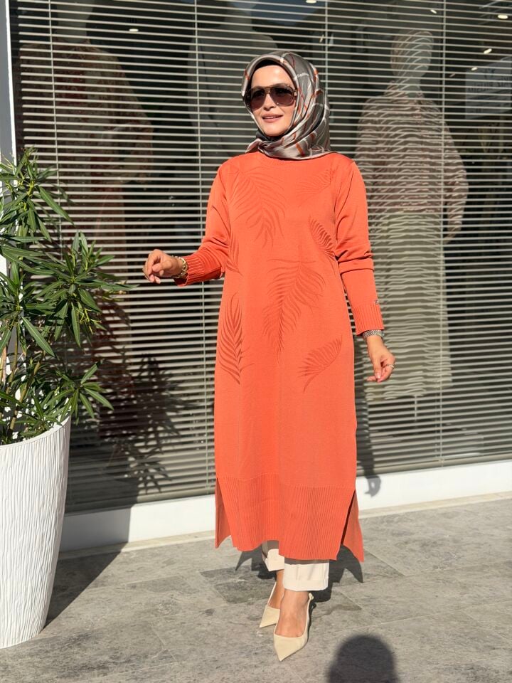 ARMİNE TREND DESENLİ MERSERİZE TAM BOY TUNİK TURUNCU