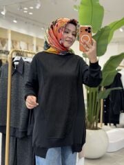 TIĞ TRİKO ASİMETRİK KESİM DANTEL GÜPÜRLÜ BLUZ SİYAH