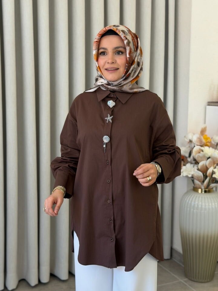 TIĞ TRİKO OVERSİZE AKSESUARLI GÖMLEK KAHVE