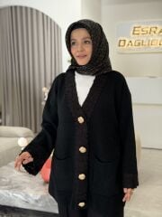 TIĞ TRİKO KOL VE PAT DETAYLI DÜĞMELİ TRİKO HIRKA SİYAH