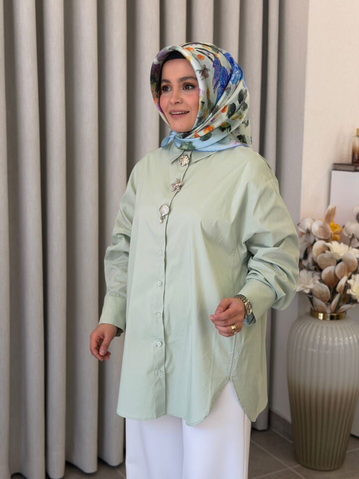 TIĞ TRİKO OVERSİZE AKSESUARLI GÖMLEK MİNT YEŞİLİ