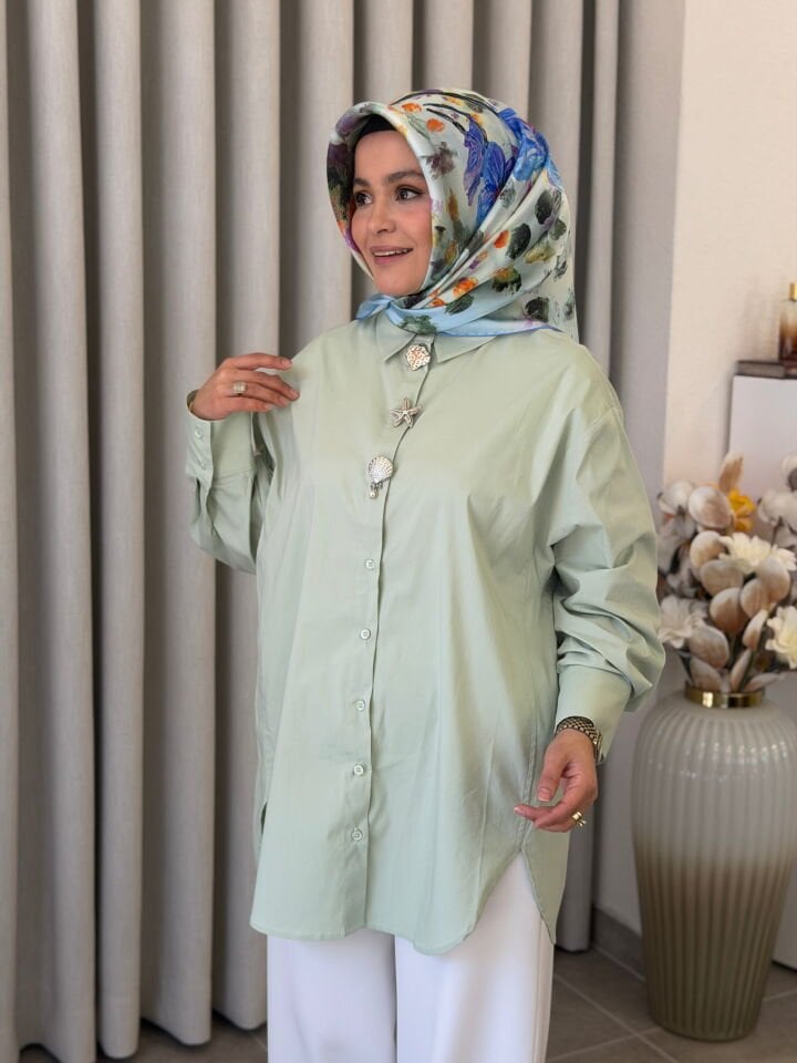 TIĞ TRİKO OVERSİZE AKSESUARLI GÖMLEK MİNT YEŞİLİ