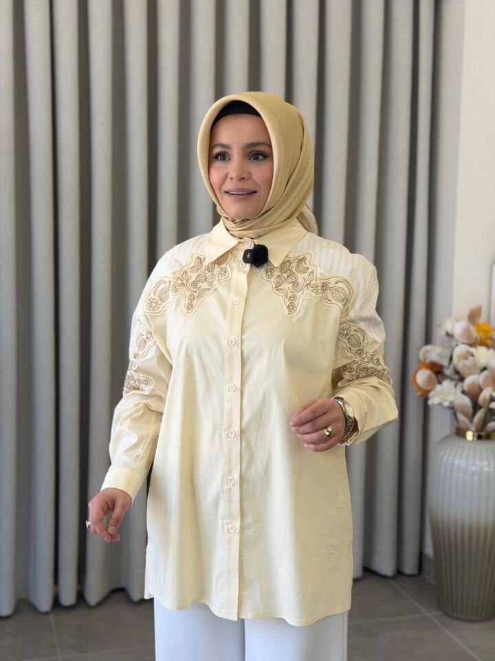 TIĞ TRİKO NAKIŞ DETAYLI GÖMLEK SARI