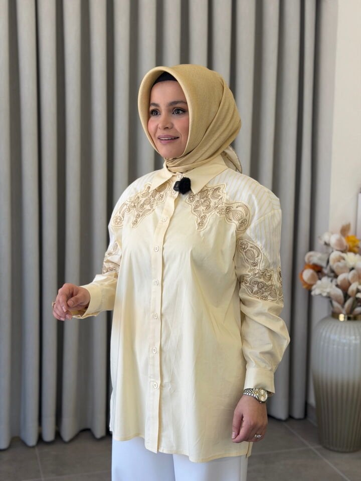 TIĞ TRİKO NAKIŞ DETAYLI GÖMLEK SARI