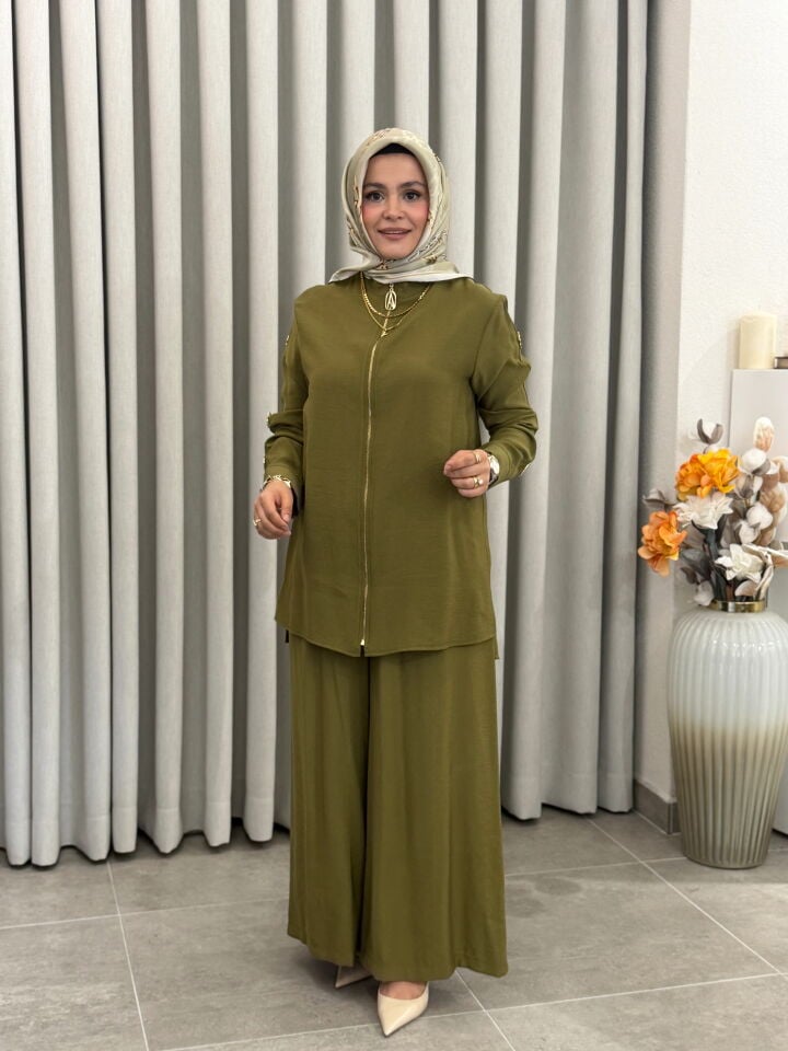 ARMİNE TREND KOL DETAYLI TENCEL PANTALONLU TAKIM YEŞİL