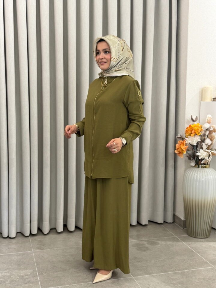 ARMİNE TREND KOL DETAYLI TENCEL PANTALONLU TAKIM YEŞİL