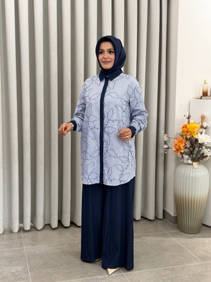 ARMİNE NAKIŞLI TENCEL PANTOLONLU TAKIM LACİVERT