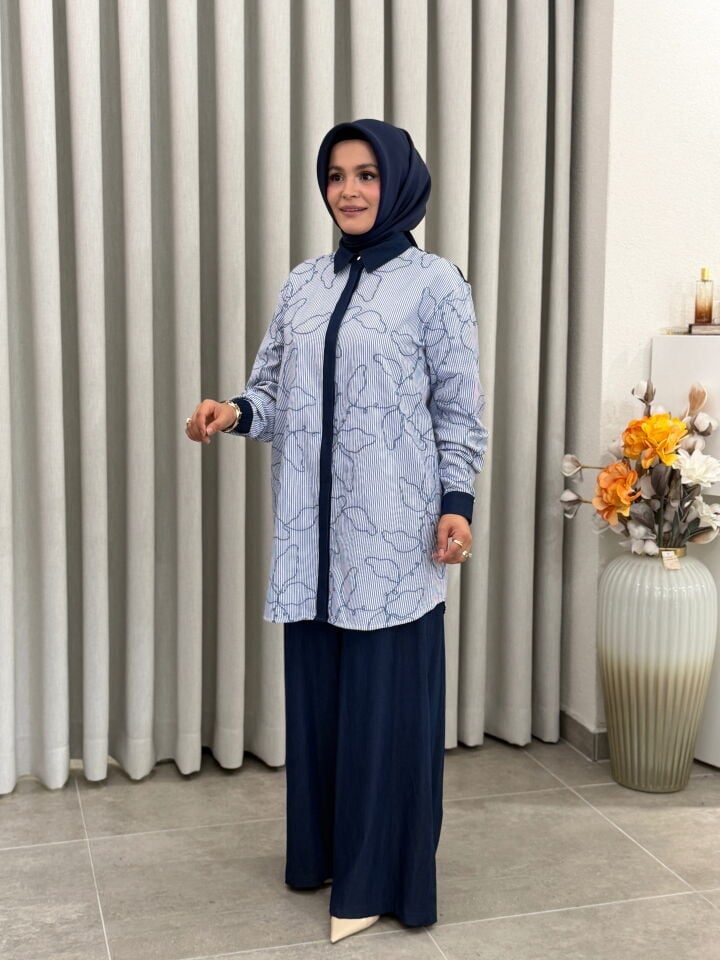 ARMİNE NAKIŞLI TENCEL PANTOLONLU TAKIM LACİVERT