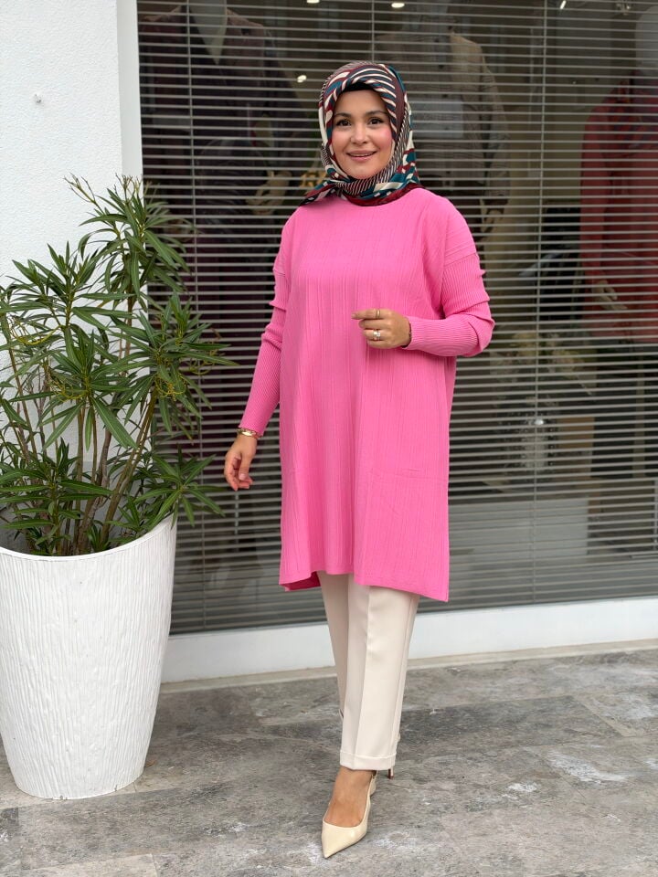TIĞ TRİKO ÇİZGİ DETAYLI BASIC MERSERİZE TUNİK PEMBE