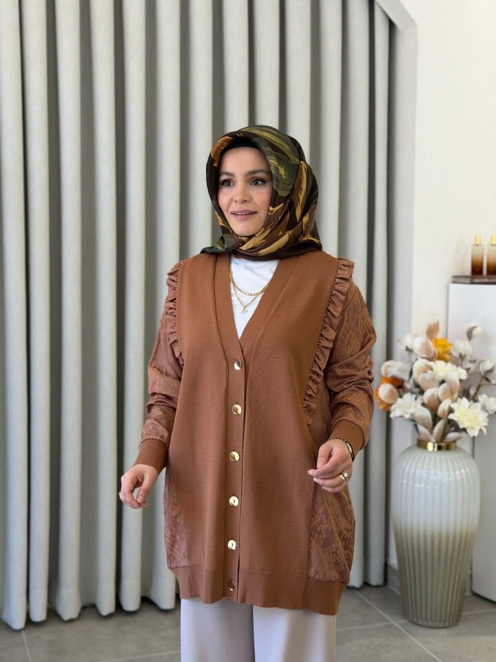 TIĞ TRİKO İPEK CUPRA DETAYLI MERSERİZE HIRKA KARAMEL