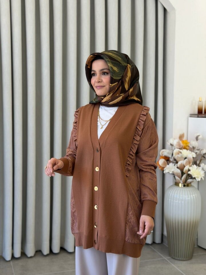 TIĞ TRİKO İPEK CUPRA DETAYLI MERSERİZE HIRKA KARAMEL
