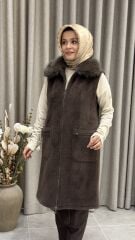 TIĞ TRİKO CEP DETAYLI TRİKO KÜRK DETAYLI YELEK KAHVE