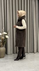 TIĞ TRİKO CEP DETAYLI TRİKO KÜRK DETAYLI YELEK KAHVE