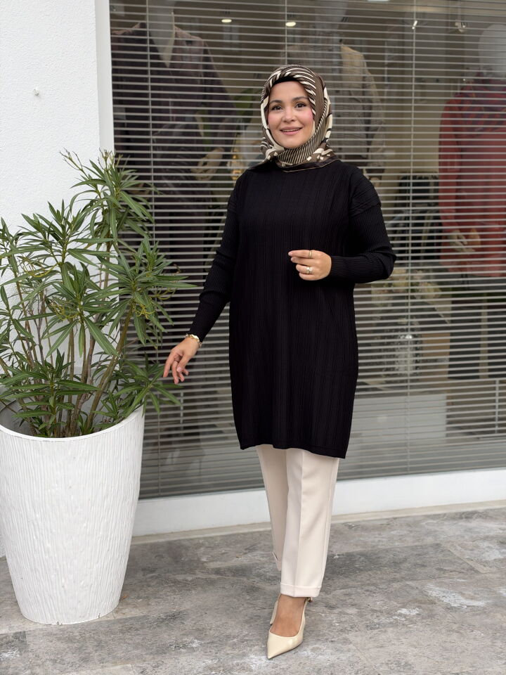 TIĞ TRİKO ÇİZGİ DETAYLI BASIC MERSERİZE TUNİK SİYAH
