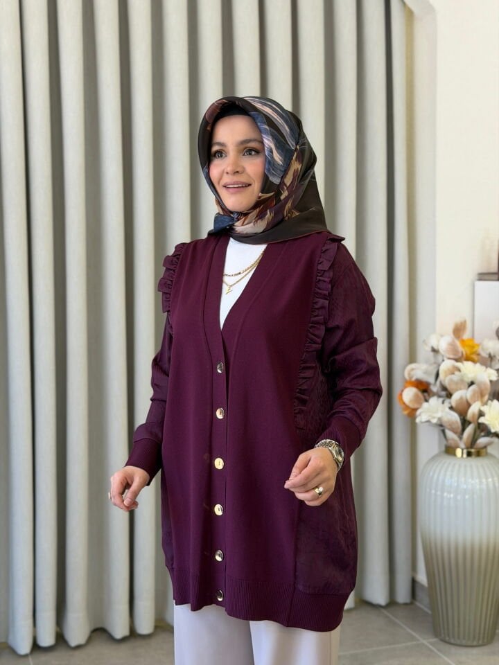 TIĞ TRİKO İPEK CUPRA DETAYLI MERSERİZE HIRKA MÜRDÜM