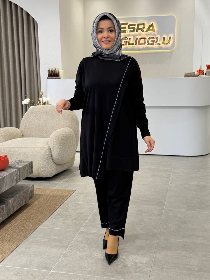 TIĞ TRİKO ÇAPRAZ DETAYLI TAKIM SİYAH