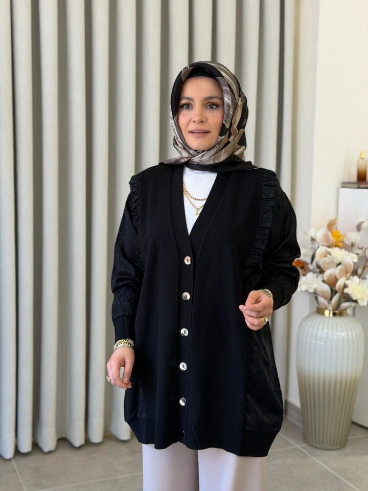 TIĞ TRİKO İPEK CUPRA DETAYLI MERSERİZE HIRKA SİYAH