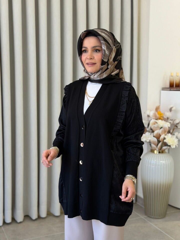 TIĞ TRİKO İPEK CUPRA DETAYLI MERSERİZE HIRKA SİYAH