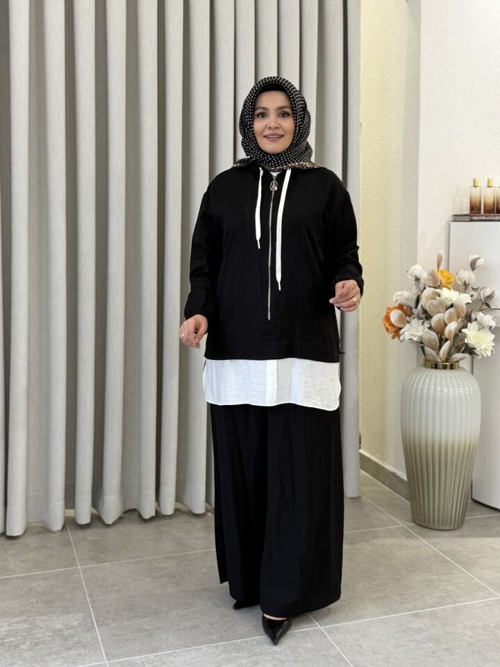 ARMİNE TREND GÖMLEK DETAYLI ÇİLEK KUMAŞ PANTALONLU TAKIM SİYAH