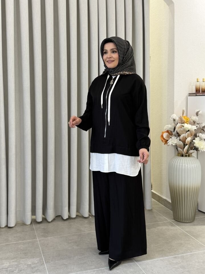 ARMİNE TREND GÖMLEK DETAYLI ÇİLEK KUMAŞ PANTALONLU TAKIM SİYAH