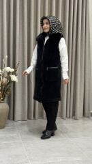 TIĞ TRİKO CEP DETAYLI TRİKO KÜRK DETAYLI YELEK SİYAH