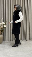 TIĞ TRİKO CEP DETAYLI TRİKO KÜRK DETAYLI YELEK SİYAH